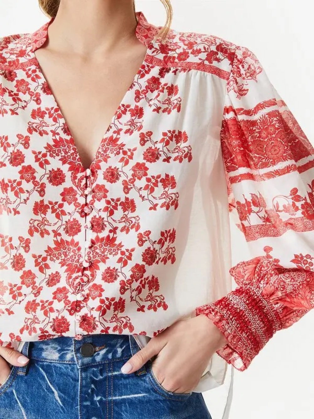 Alice + Olivia White Blouse with Red Floral Embroidery